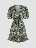 Cider  V-neck Paisley Hollow Out Knotted Mini Dress