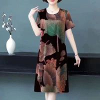 Middle-aged and old mother the new 2022 large yards loose hide belly summer ice silk dress in fashionable western style of the dress ❤