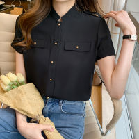 Summer Short Sleeve Blouse Women Stand Collar Chiffon Blouse Shirt Tops Women Blusas Mujer De Moda 2021 Shirts Blouses Femme F75