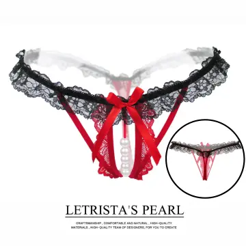 Womens Lace Open Crotch Thong Massage Pearl Transparent Panties