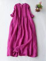 ✕◆❅ 2022 Summer New Ladies Cotton Linen Dress Fashion Women 39;s Thin Ramie Elegant Organ Pleated Loose Flowy Short Sleeve Dress