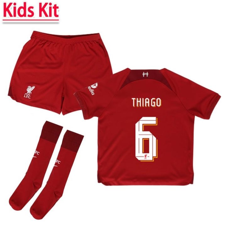 2022-2023-liverpool-home-kids-kit-football-shirt-high-quality-red-top-and-shorts-set-soccer-jersey-with-ucl-with-socks-patch