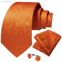 ☈✣◈ 8cm Orange Paisley Silk Ties for Men Pocket Square Cufflinks 150cm Length Business Wedding Party Neck Tie Accessories Wholesale