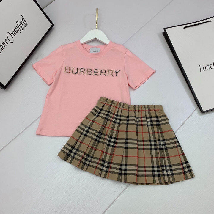 burberry-ฤดูร้อนคลาสสิกลายสก๊อตพิมพ์ชุดกระโปรงแขนสั้นสองชิ้นสไตล์ตะวันตกสาวอารมณ์ระดับไฮเอนด์