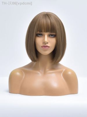 Brown Straight Short Bob Natural Daily Hair Synthetic Wigs For White Women With Bangs Heat Resistant Cosplay Female Fiber Wig [ Hot sell ] vpdcmi