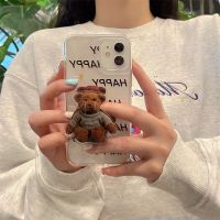 ﹍✘☌ Korean Cute Cartoon Cry Bear Bracket Phone Case For iPhone 11 12 Pro XS Max X XR SE 7 8 Plus Clear Soft Shockproof Back Cover