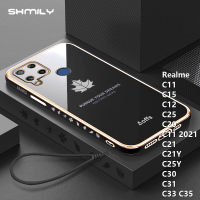 Shmily ใบเมเปิลชุบไฟฟ้าแฟชั่นยอดนิยมเคสโทรศัพท์สำหรับ Realme C11 C15 C12 C25 C20เคสกันกระแทก C11 C21Y C21 C25Y C33 C35 C53ชุบโครเมียมแบบนิ่มหรูหราพร้อมเชือกห้อย