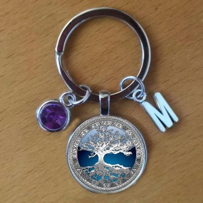 Tree of Life blue key ring  key chain with birthstone  initial DIY birthstone glass keychain Key Chains