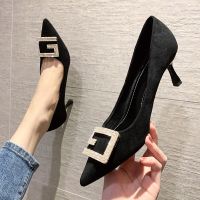 Single female shoes 2023 new high-heeled shoes pointed with diamond fine French girl web celebrity joker black 5 cm 7 cm