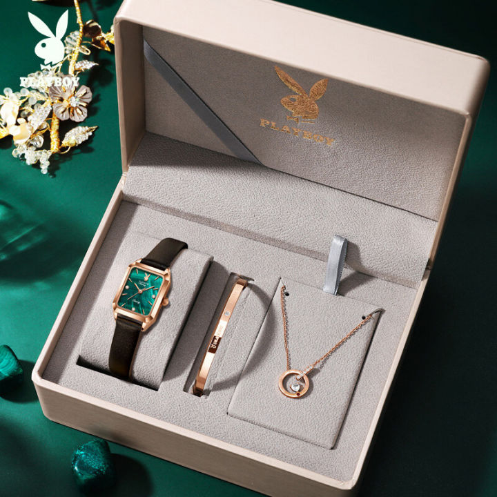 ของแท้100-playboy-2023ใหม่ชุดนาฬิกาลำลองผู้หญิงซื้อ1-take-2หน้าปัดสี่เหลี่ยมนาฬิกากันน้ำสำหรับผู้หญิง-giftbox