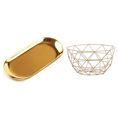 1 Pcs Gold Metal Art Snacks Candy Fruit Basket for Living Room Desktop Kitchen Organizer Basket &amp; 1 Pcs Metal Storage Tray Gold Oval Dotted Fruit Plate Small Items Jewelry Tray