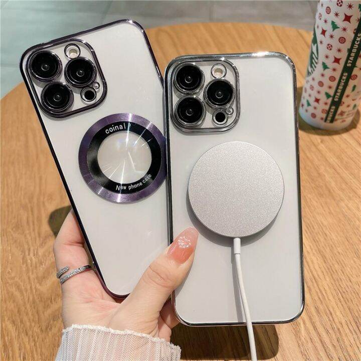 เคสโลโก้แบบโปร่งแสงแบบมีรูสำหรับ-iphone-14-plus-13-12-pro-max-11สำหรับที่ครอบเครื่องชาร์จไร้สายแม่เหล็ก-magsafe