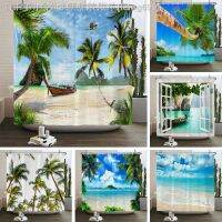 【CW】✷✇  Beach Printed Fabric Shower Curtains Sea Scenery Products with 12 Hooks