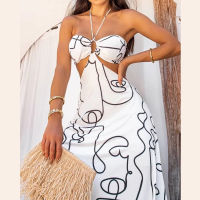LIYONG Print y Maxi Dress Women Backless Halter Summer Beach Dresses Hollow Out Sleeveless Loose Elegant Party Vestidos 2022