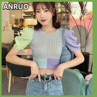 ANRUO Oujiali เสื้อเสื้อกันหนาวแบบถักสไตล์วินเทจสไตล์ใหม่ฤดูร้อนแขนพองอารมณ์ประกบตัวรับเอวด้านในสเวตเตอร์แฟชั่นของผู้หญิง