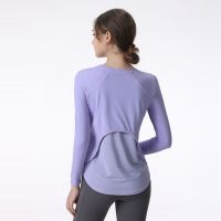 With Logo Fall Gym Yoga T-Shirts Women Loose Fit Long Sleeve Basic Tee Tops Fitness Breathable Scoop Neck Running Sports Blouses