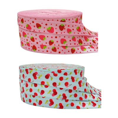 ❃✒ 10yard 15mm Cherry Strawberry Print Fold Over Elastic Fruits Ribbon For Sewing Hair Tie Strap Backpack Decoration Accessories