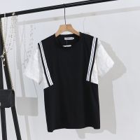 【มีไซส์ใหญ่】Plus Size XL-4XL Womens Short Sleeve White Black Tshirts Casual Patchwork Lace Shirts Summer Tops