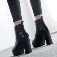 2021 Autumn Winter New Style Patent Leather Short Boots Waterproof Platform Thick Heel Martin Tube Dance Womens Mid-Tube