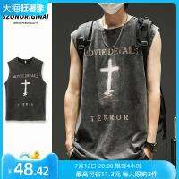 Vest mens trendy brand high street ins American retro cross washed black waistcoat heavy cotton sleeveless t-shirt