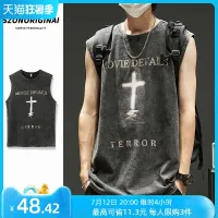 original Vest mens trendy brand high street ins American retro cross washed black waistcoat heavy cotton sleeveless t-shirt