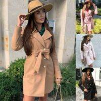 [COD] 2021 AliExpress autumn and winter new style European double-breasted waist strap woolen coat women