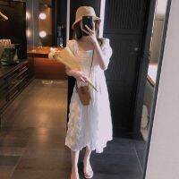 French White Puff Dress Square Collar Puff Sleeve Pleated Midi Skirt