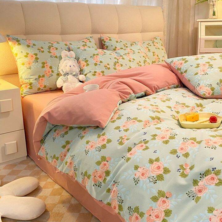 ready-ins-green-small-fresh-class-a-washed-cotton-and-linen-double-layer-yarn-four-piece-set-cartoon-quilt-cover-bed-sheet-three-piece-dormitory-set