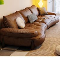 Leather sofa new living room net red brown retro Italian minimalist designer small apartment curved sofa