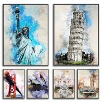 2023卐℡❡ Watercolour Poster Famous Building Big Ben Pyramid Landscape Canvas Paintings Abstract Wall Art Pictures for Home Decoration