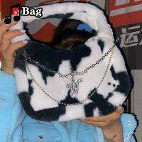 《 CYUCHEN KK 》 HarajukuWoman Girl Cow Pattern PlushShoulder Underarm Bag Tote Y2K Punkdrill Chain Furry Handbags Female