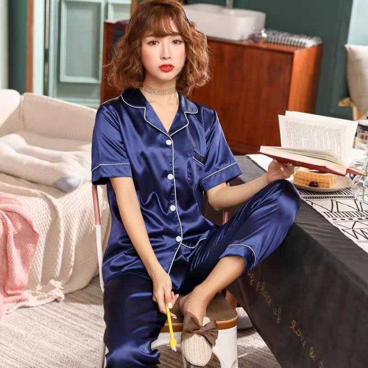 Womens Silk Satin Pajama Sets Short Sleeve Sleepwear Homewear