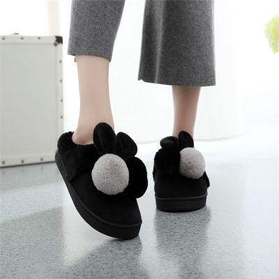 2021 Winter Warm Plush Flecce Fur Floor Slippers Female Indoor Outdoor Cotton Shoes Woman Sweet Rabbit Fur Ball Slippers Shoes