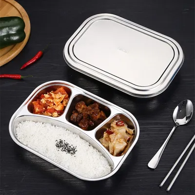 2/3/4 Section Stainless Steel Divided Dinner Plate Food Container Storage Tray Lunch Box with Lid for School Kitchen Tableware