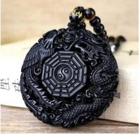 Natural Black Obsidian Hand Carved Chinese Taiji BaGua Lucky Amulet Pendant Free Necklace Fashion Jewelry