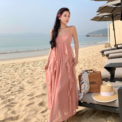 The new summer vacation condole belt dress sea fairy photographed nude pink chiffon dress