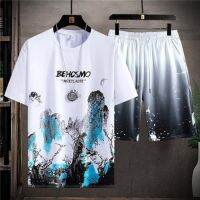 【July hot】 Short-sleeved t-shirt mens ice silk quick-drying casual sports suit 2023 summer season thin top five-quarter sleeve