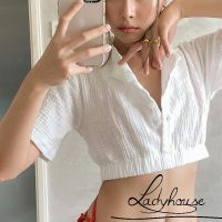 LDD-Ladies Sexy Midriff-baring Camisole, Summer Girls Solid Color Lapel Short Sleeve Single-breasted Tops Slim T-shirt QC7311712