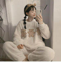 Long-sleeved Autumn and Winter Thickened Ladies Pajamas Set Warm Loose Comfortable Cute Cartoon Home Service