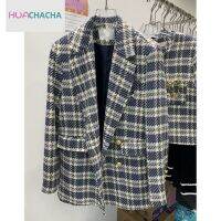 HUACHACHA Plaid Tweed Loose Causal เสื้อเบลเซอร์เกาหลีแขนยาว Lapel Jacket