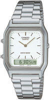 นาฬิกาข้อมือผู้ชาย/หญิง Casio รุ่น AQ-230A-7DMQ ขนาดตัวเรือน 38.8*29.8 มม ตัวเรือน กรอบ เรซิน สายสเตนเลสสตีล สีเงิน 2 ระบบ อะนาล็อก 2 เข็ม และ ดิจิตอล