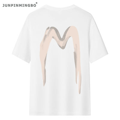 Junmingbo เสื้อยืดคอกลมแขนสั้นพิมพ์ลายตัวอักษรทรงหลวมสำหรับผู้ชายเสื้อระบายอากาศผ้าฝ้ายนุ่มสบาย