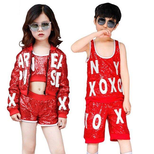 kids-girls-boys-red-sequins-streetwear-hip-hop-clothing-set-jazz-dance-costume-crop-jacket-blouse-shorts-terno-stage-performance-outfit