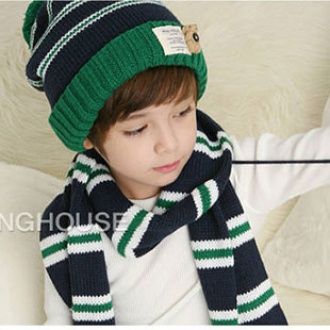 [COD] หมวกผ้าพันคอเด็กสำหรับฤดูหนาวสองชิ้น หมวกไหมพรมเด็กลายเกาหลี