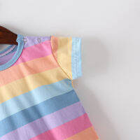 Girls Childrens Clothing Summer Baby Girl Romper Rainbow Striped Dress Childrens Sweet Short Sleeve Wings Pattern Jumpsuit