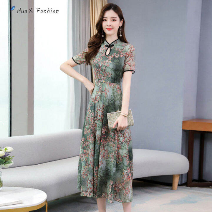 huax-ผู้หญิงฤดูร้อน-cheongsam-ชุดแขนสั้นพิมพ์-a-line-กระโปรงขนาดใหญ่หลวม-maxi-dress