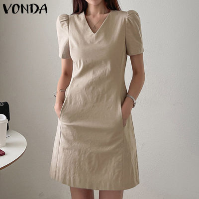 (จัดส่งฟรี)Fancystyle VONDA Women Elegant Commute V-Neck Short Sleeve Dresses Simple Leisure Mini Sundress