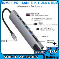 ฮับ USB 8-In-1ตัวแปลงแบบหลายพอร์ตอะแดปเตอร์3.1-4K RJ45ตัวอ่านบัตร TF PD ชาร์จเร็วใช้ได้กับ MacBook