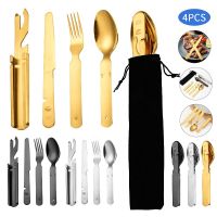 4 In 1 Picnic Flatware Set Stainless Steel Cutlery Set Spoon Fork Knife Kit Flatware Multi-tool Travel Camping Bottle Can Opener Flatware Sets