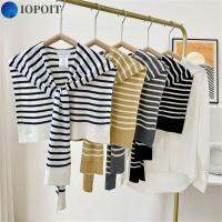 IOPOIT ถักนิตติ้ง เสื้อคลุมแหลม บางและบาง ลายทางลาย ป้องกันคอ มีสไตล์ ผ้าคลุมไหล่กันแดดกันแดด ฤดูหนาวฤดูใบไม้ร่วงฤดูหนาว